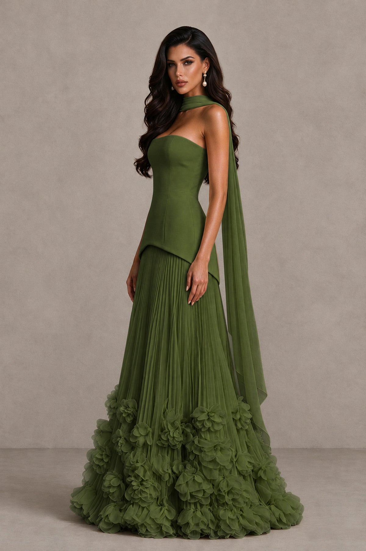 BOLODOO Olive Green Strapless Pleated Floral Hem Evening Gown - Olive Green - Olive Green_4