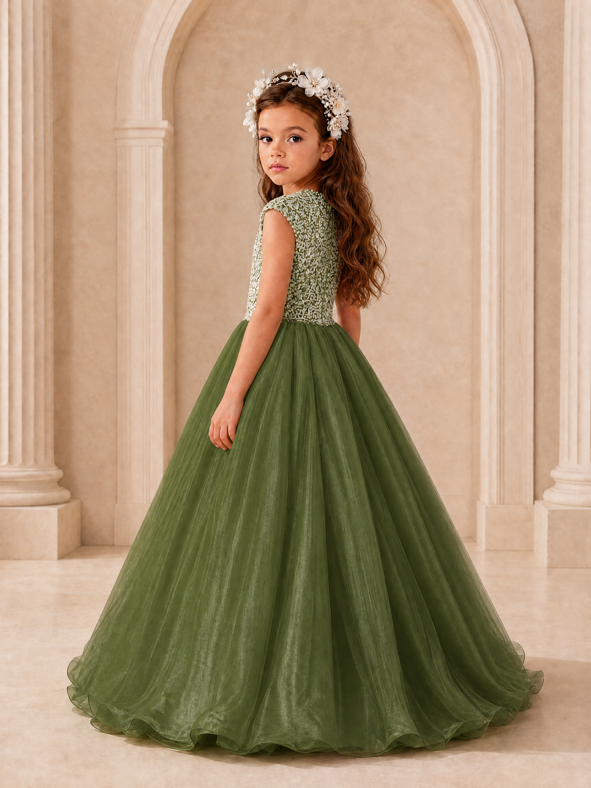 BOLODOO Olive Green Sequin Tulle Flower Girl Dress with Cap Sleeves - Olive Green - Olive Green_4