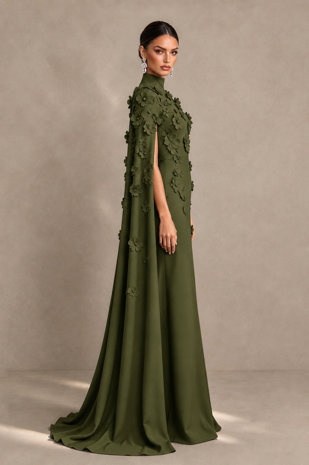 BOLODOO Olive Green 3D Floral Applique Cape Formal Dress - Olive Green - Olive Green_4