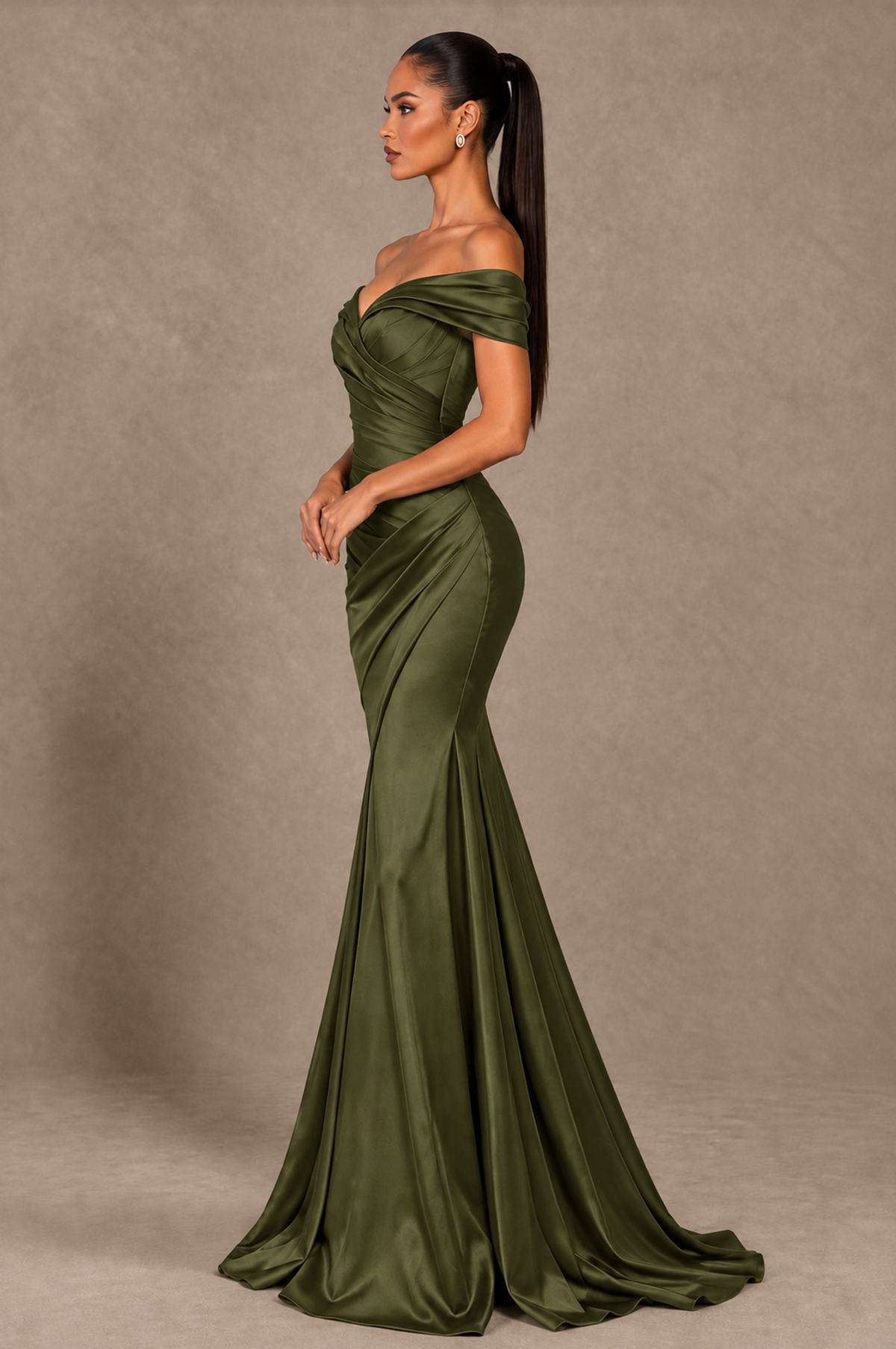 BOLODOO Olive Green Off-the-Shoulder Ruched Satin Mermaid Evening Dress - Olive Green - Olive_Green_4