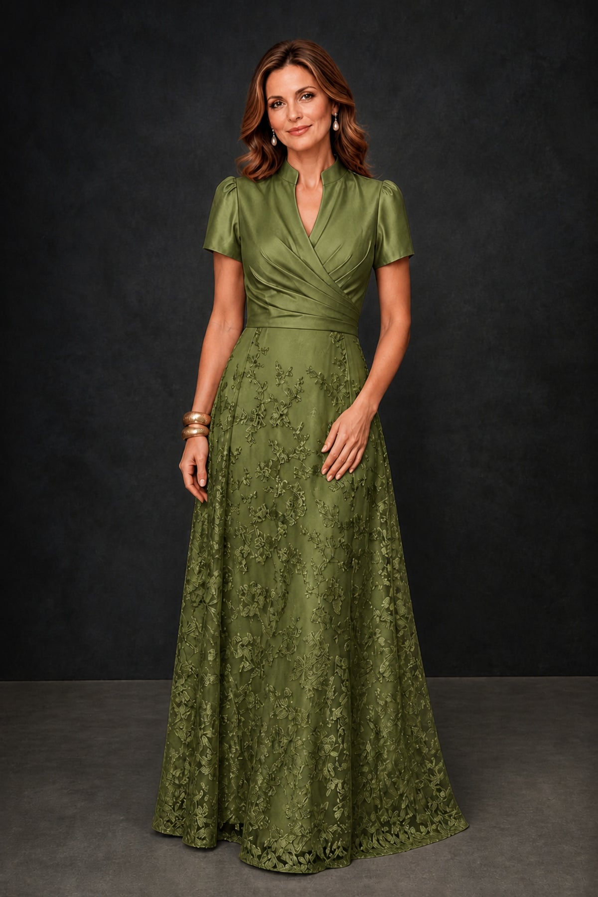 BOLODOO Olive Green Satin Wrap V-Neck Short Sleeve Lace Glitter A-Line Floor Length Evening Gown – Formal Dress - Olive Green