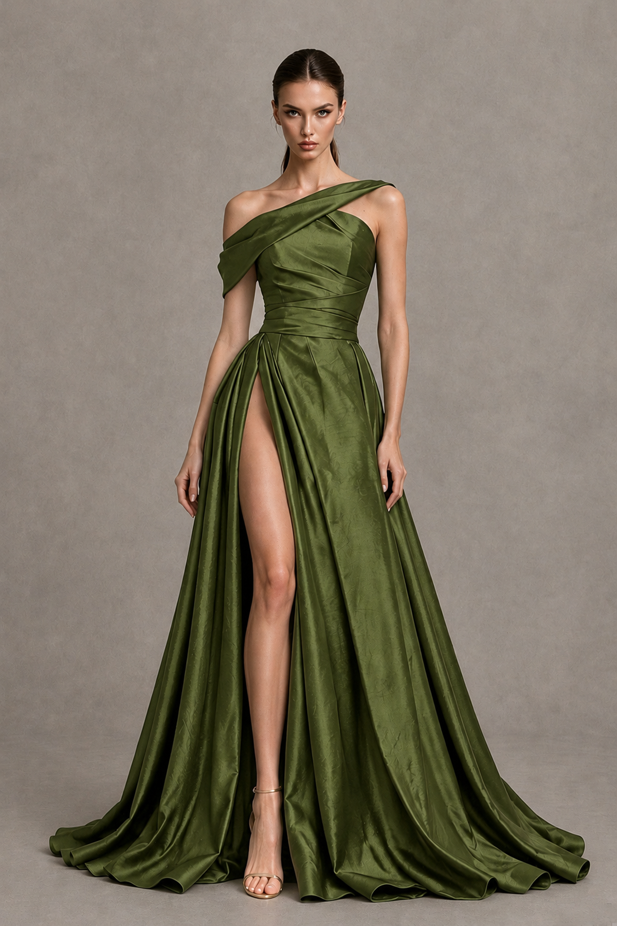 BOLODOO Olive Green Asymmetric Satin-Look A-Line Prom Dress with High Slit - Olive Green - Olive Green_4