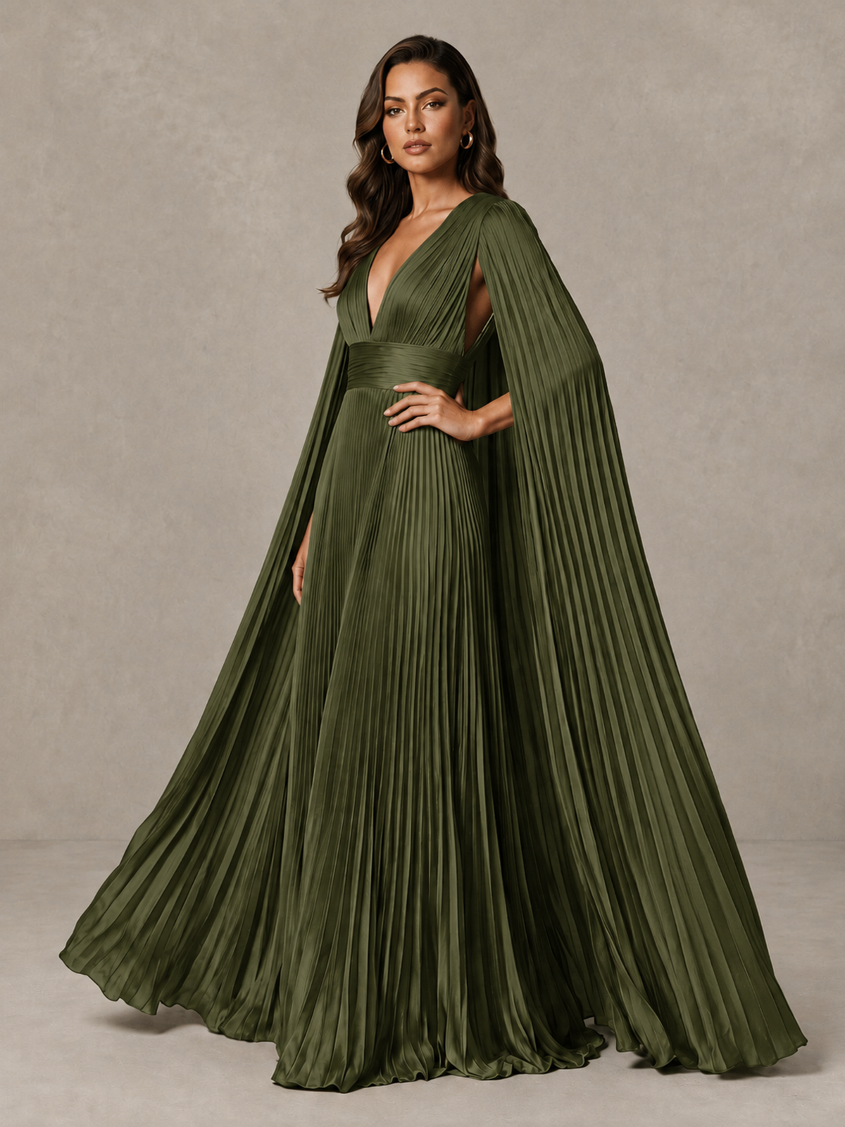 BOLODOO Olive Green Deep V-Neck Pleated Cape Sleeve Evening Gown - Olive Green - Olive Green_4