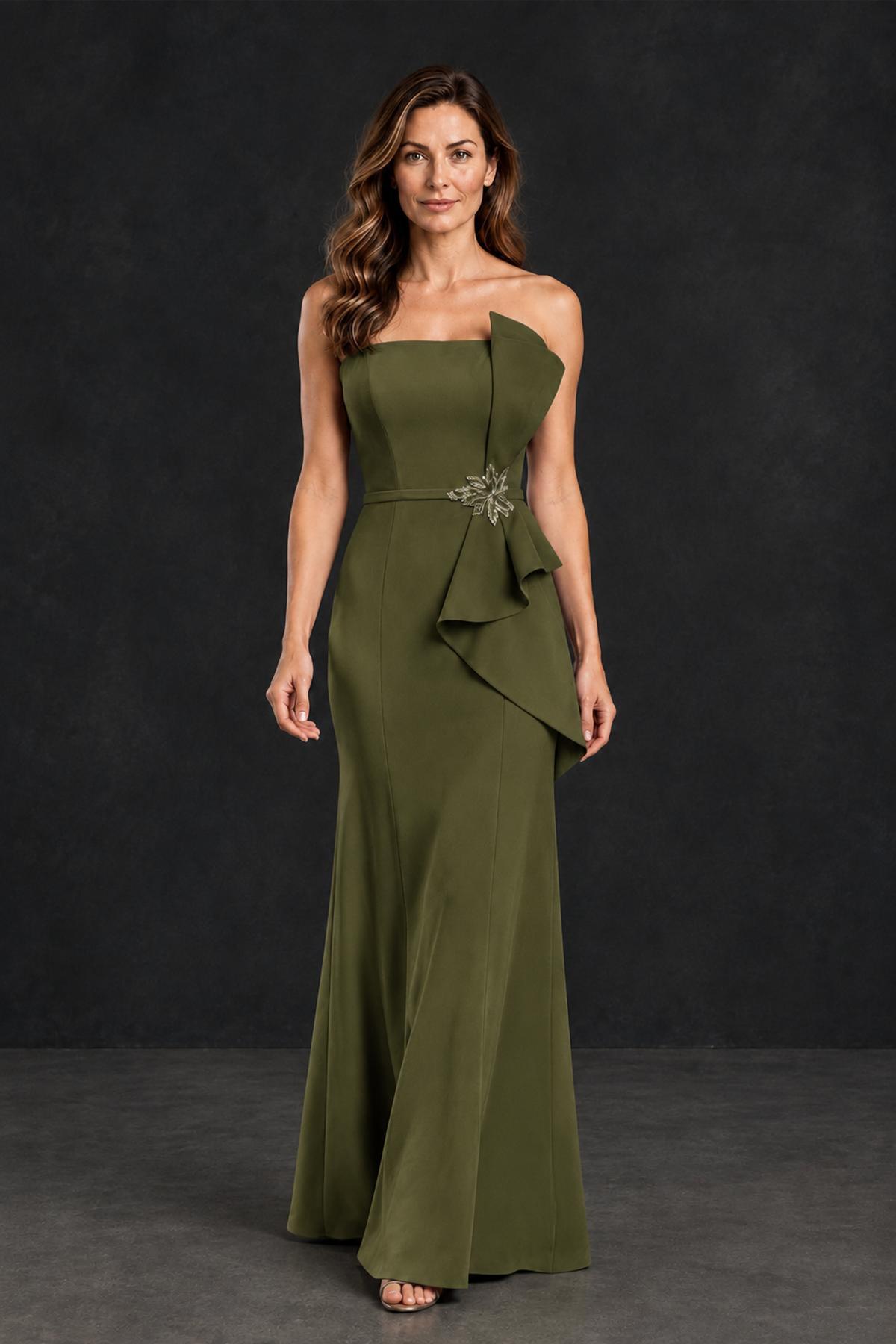 BOLODOO Olive Green Strapless Mother of the Bride Dress with Ruffle Detail - Olive Green - Olive_Green_4