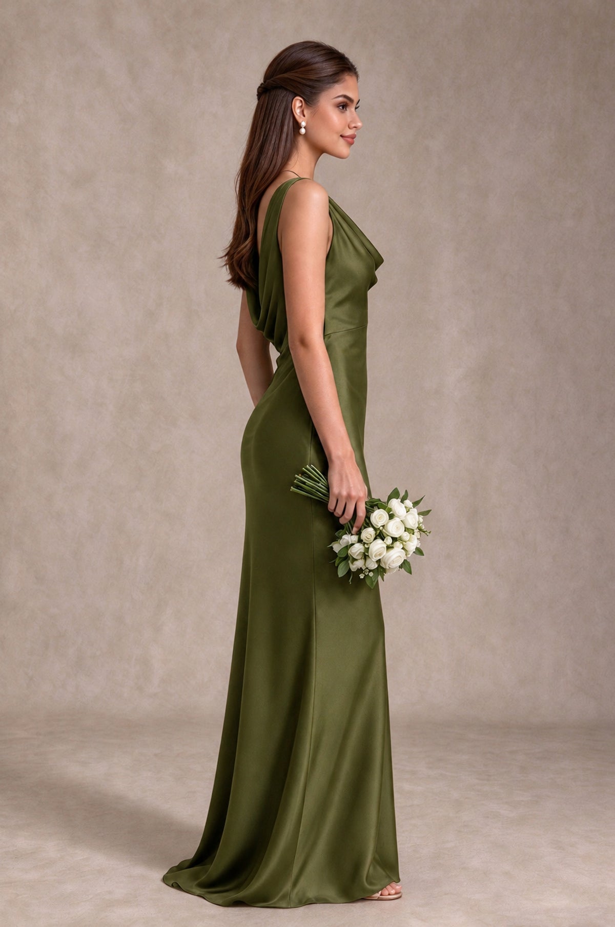 BOLODOO Olive Green Cowl Neck Open Back Satin Bridesmaid Dress - Olive Green - Olive Green_4