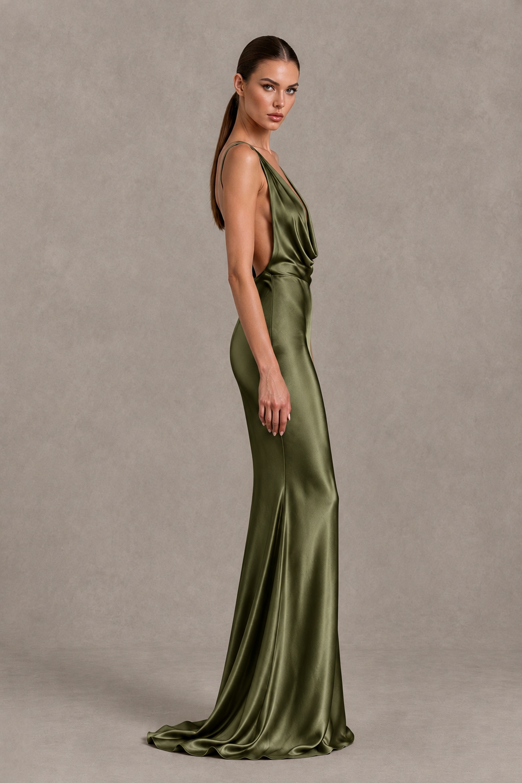 BOLODOO Olive Green Cowl Neck Backless Satin Mermaid Evening Dress - Olive Green - Olive Green_4