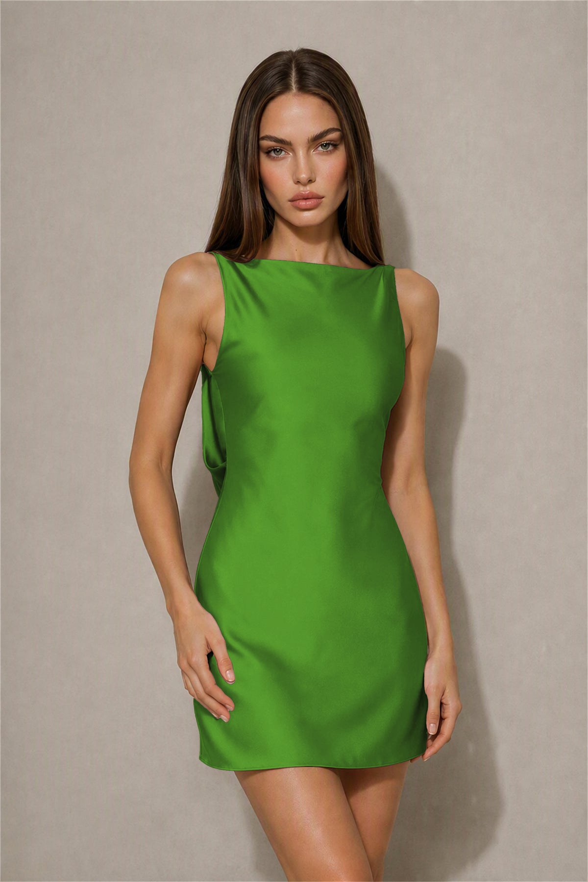 BOLODOO Olive Green Satin Bateau Neck Cowl Open Back Pearl Chain Mini Dress | Cocktail Party Date Night Dress - Olive Green