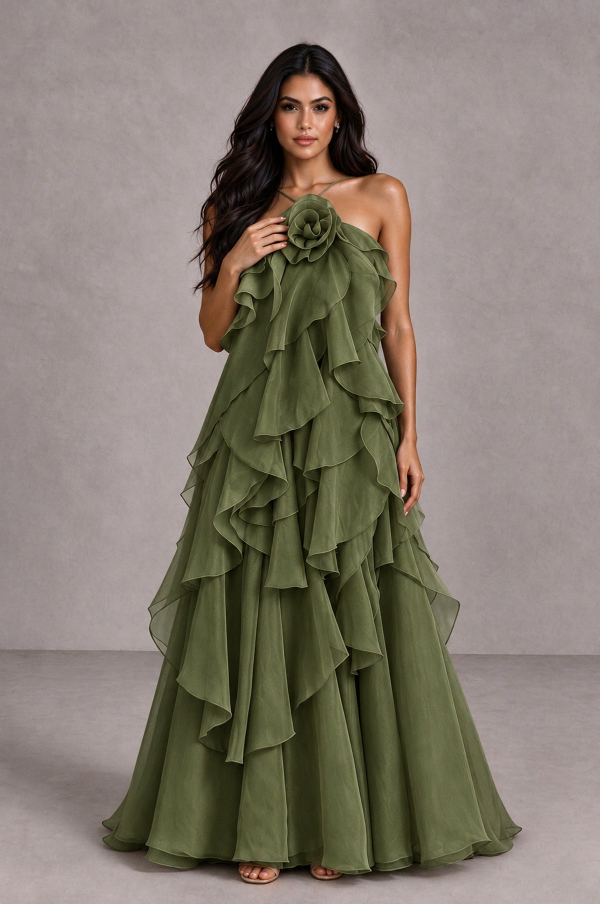 BOLODOO Olive Green Cascading Ruffle Rosette Open-Back Maxi Dress - Olive Green - Olive Green_4