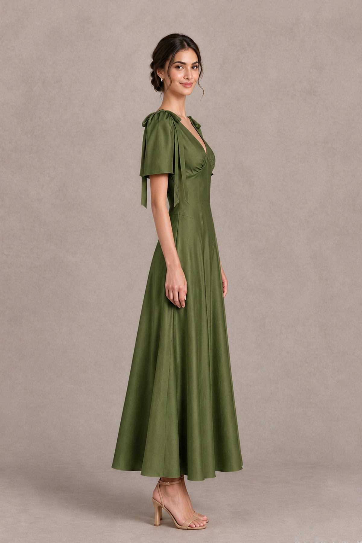 BOLODOO Olive Green V-Neck Short Sleeve Satin-Look Bridesmaid Dress with Shoulder Bows - Olive Green - Olive Green_4