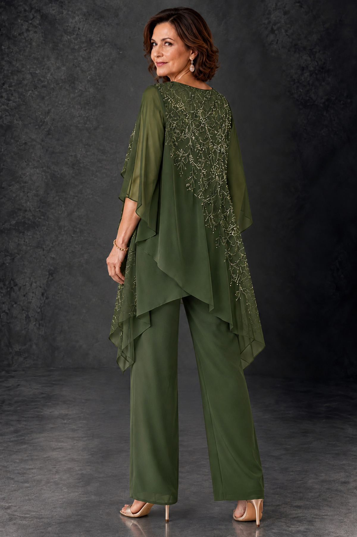BOLODOO Olive Green Embellished Cape Pant Suit for Mother of the Bride - Olive Green - Olive_Green_4