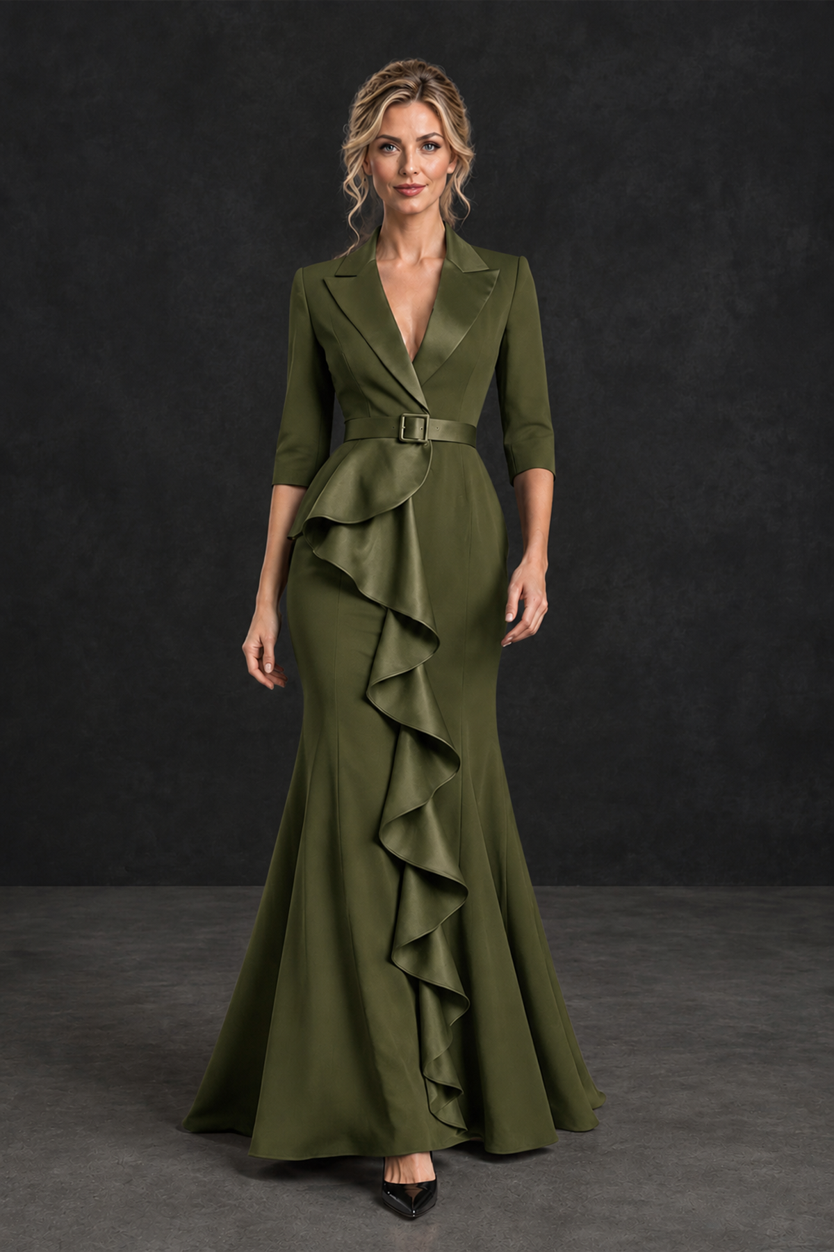 BOLODOO Olive Green Lapel Ruffle Mother of the Bride Dress with Belt - Olive Green - Olive Green_4
