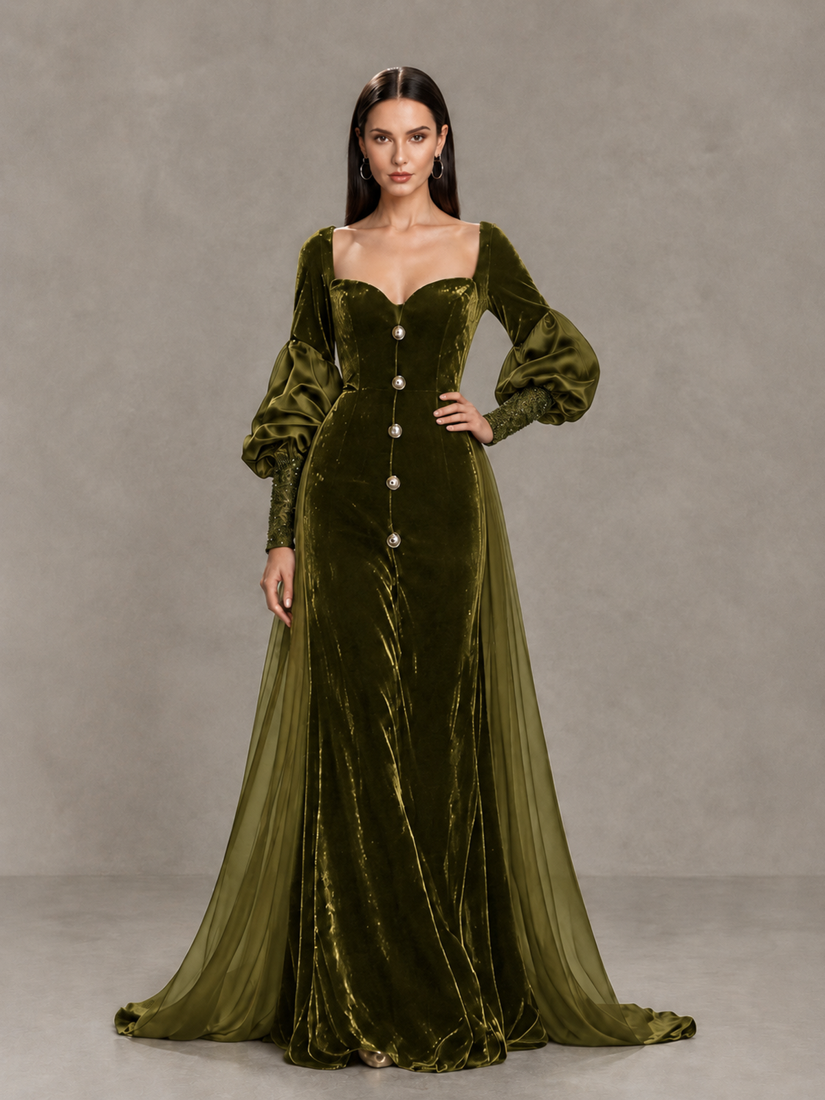 BOLODOO Olive Green Velvet Long Sleeve Open-Back Evening Gown - Olive Green - Olive Green_4
