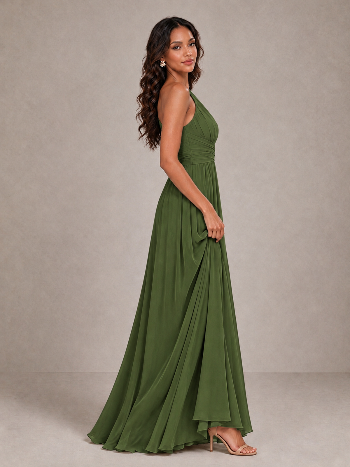 BOLODOO Olive Green One-Shoulder A-Line Bridesmaid Dress - Olive Green - Olive Green_4