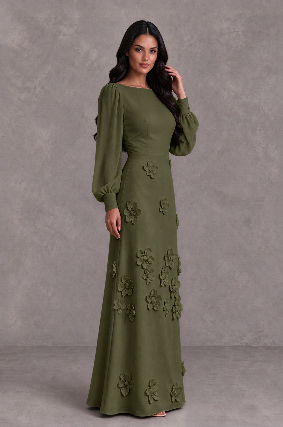 BOLODOO Olive Green Long Sleeve Floral Applique A-Line Evening Dress - Olive Green - Olive Green_4