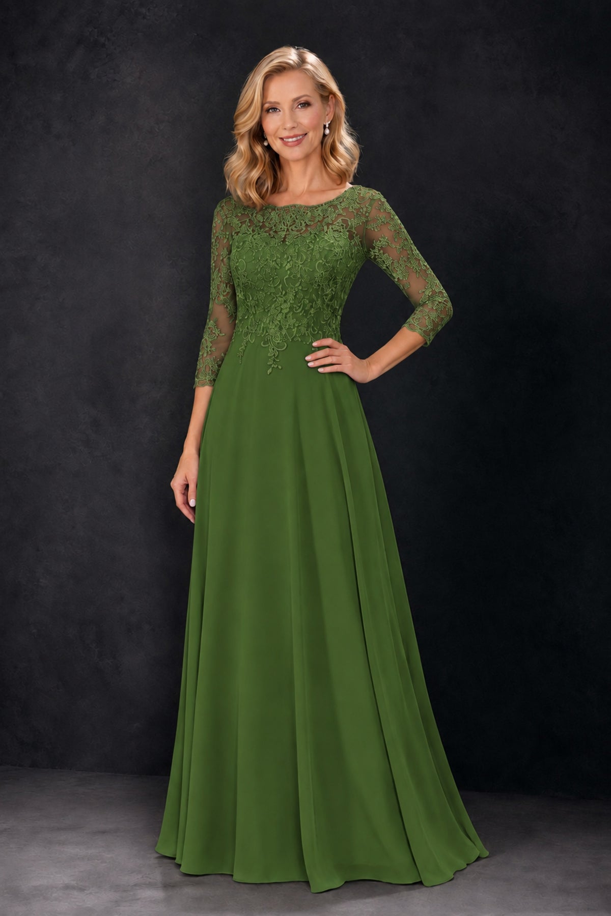 BOLODOO Olive Green Lace Embroidered Mother of the Bride Dress with 3/4 Sleeves - Olive Green