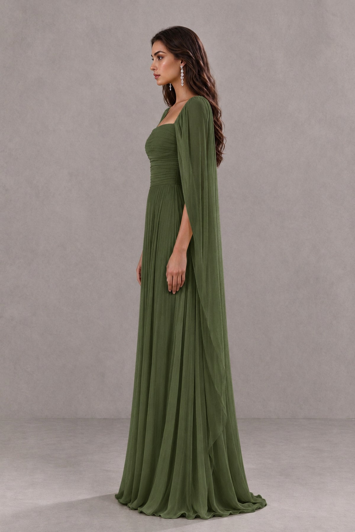 BOLODOO Olive Green Square Neck Cape Sleeve A-Line Evening Dress - Olive Green - Olive_Green_4