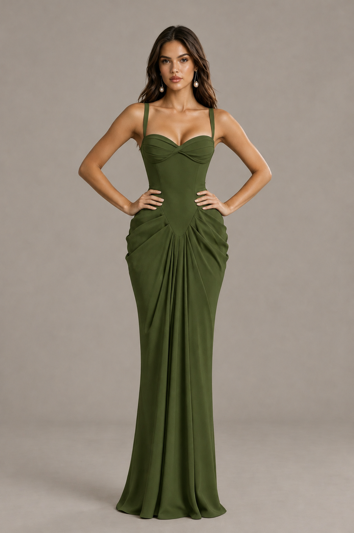 BOLODOO Olive Green Sweetheart Ruched Lace-Up Back Evening Gown - Olive Green - Olive_Green_4