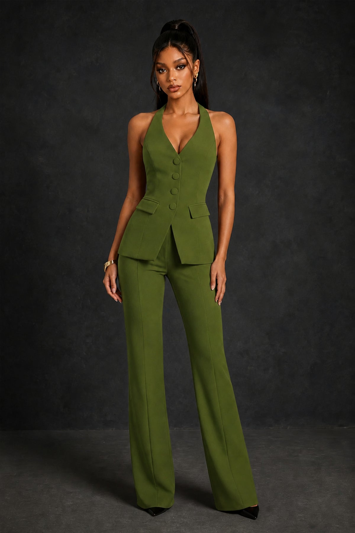 BOLODOO Olive Green Halter Neck Deep V Open Back– Formal Suit with Wide-Leg Pants - Olive Green
