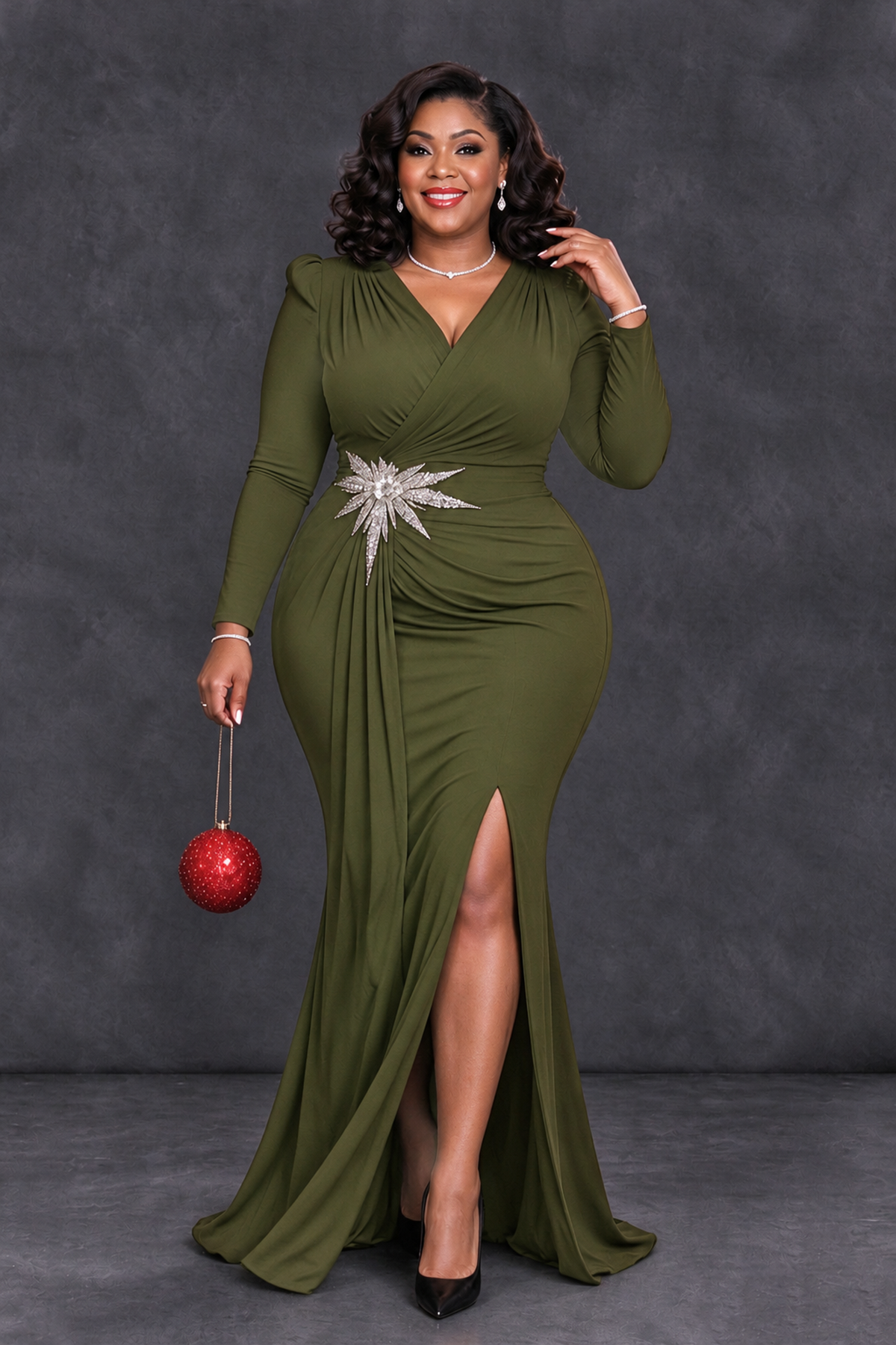 BOLODOO Olive Green Plus Size Long Sleeve V-Neck Mother of the Bride Dress with Slit - Olive Green - Olive Green_4