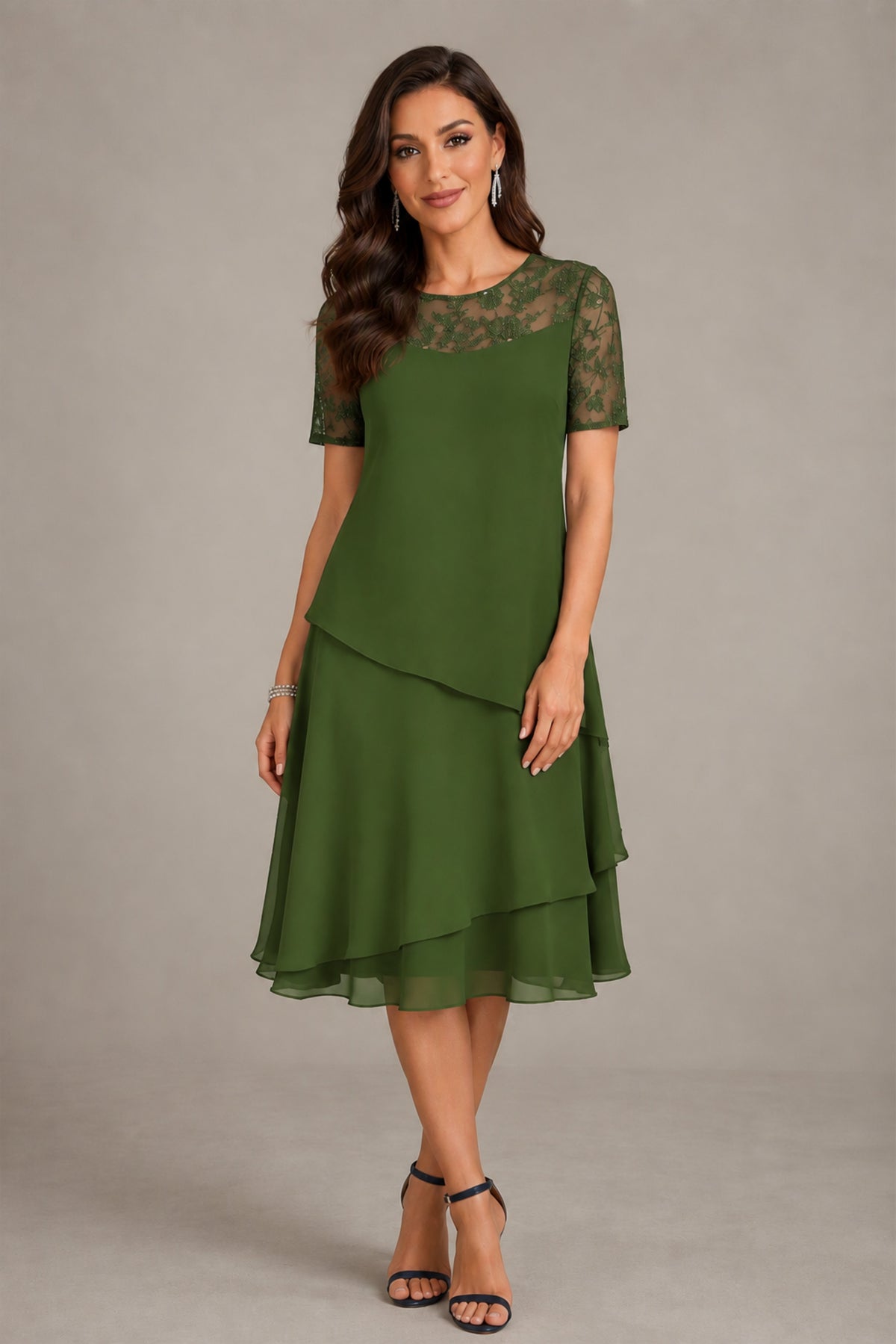 BOLODOO Olive Green Illusion Lace Short Sleeve Tiered Chiffon Tea Length Dress | Mother of the Bride Midi Dress - Olive Green