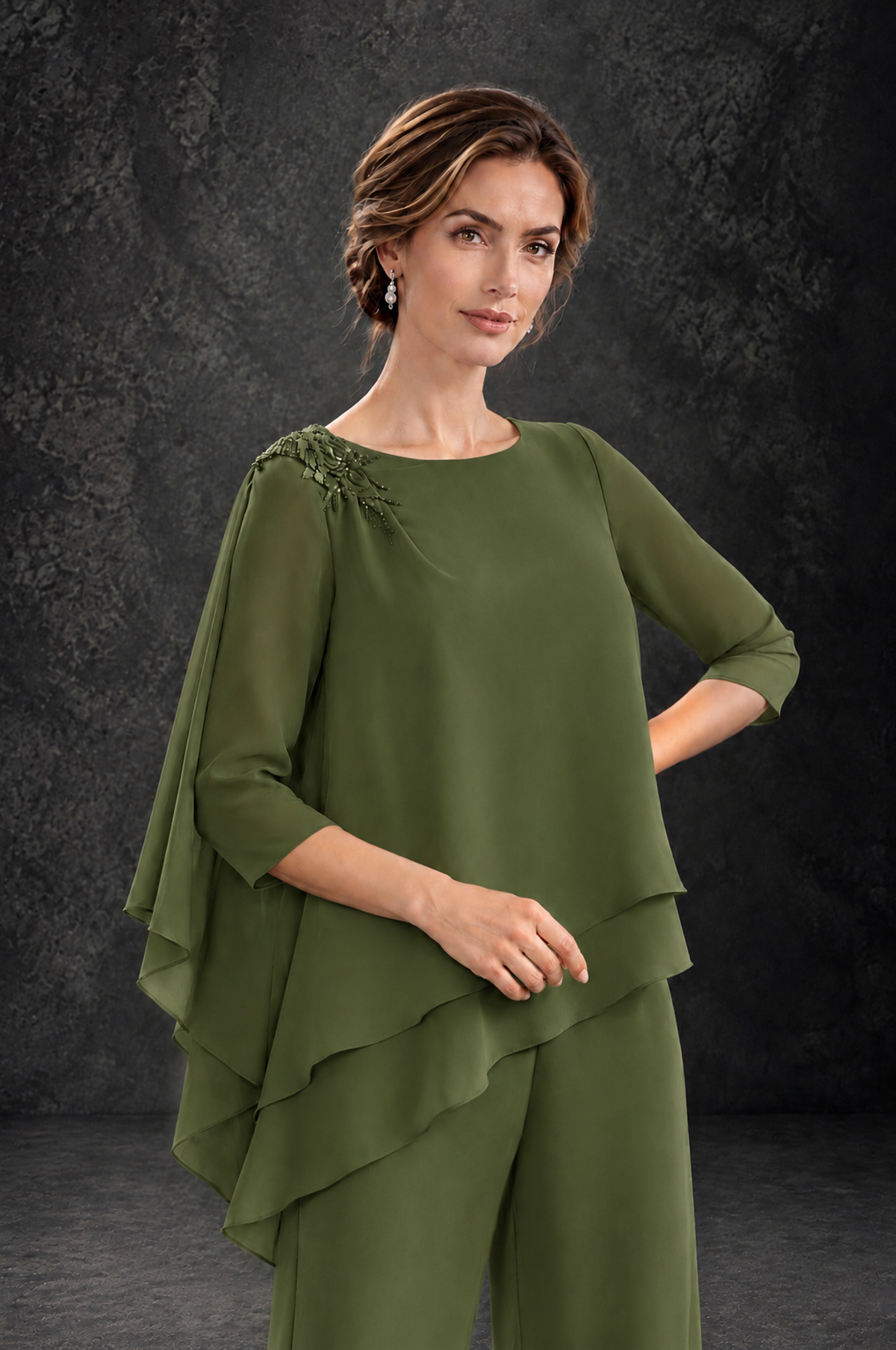 BOLODOO Olive Green Layered Wide-Leg Mother of the Bride Pant Suit - Olive Green - Olive Green_4