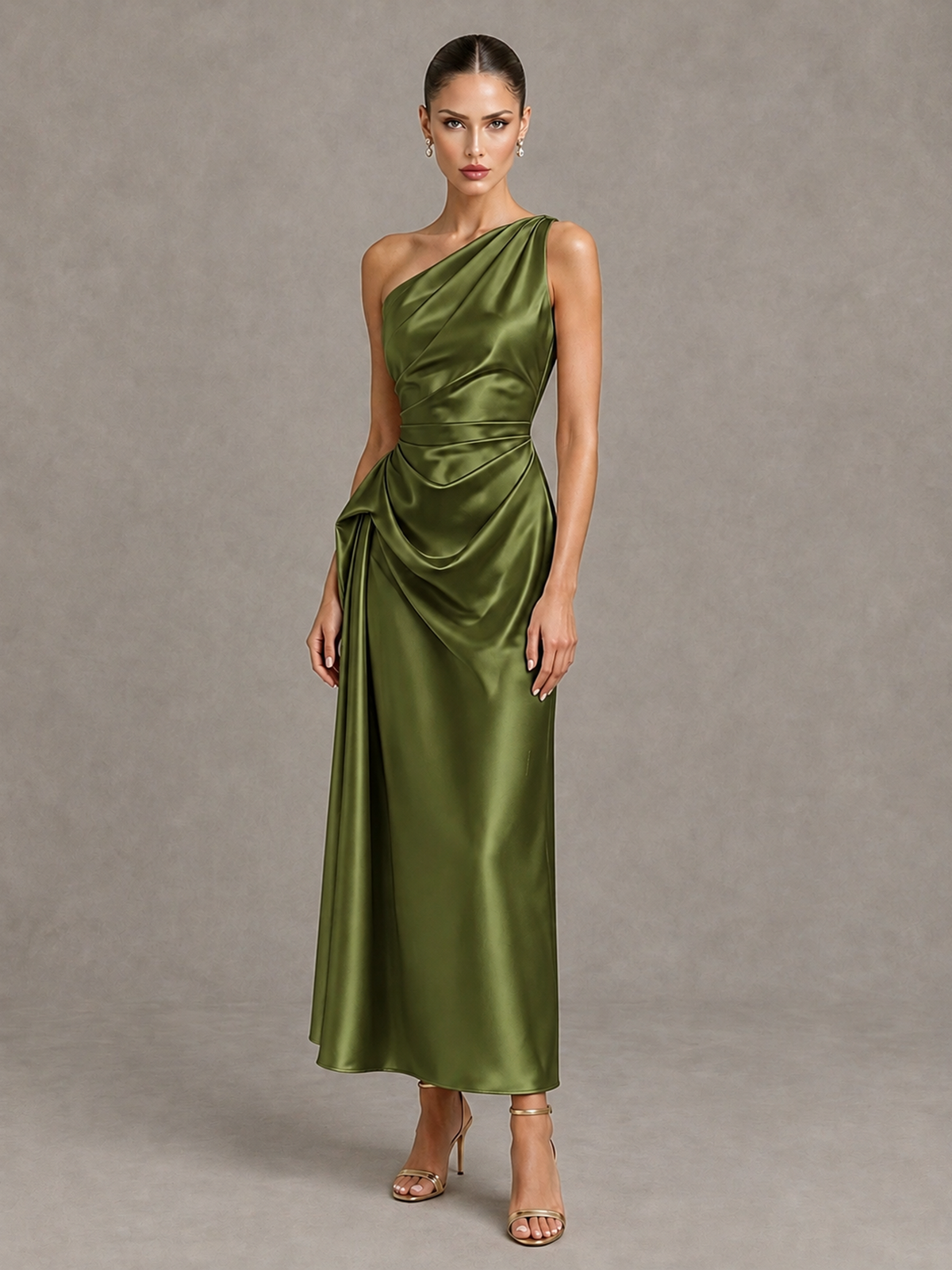 BOLODOO Olive Green One Shoulder Satin Cocktail Dress with Draped A-Line Skirt - Olive Green - Olive Green_4
