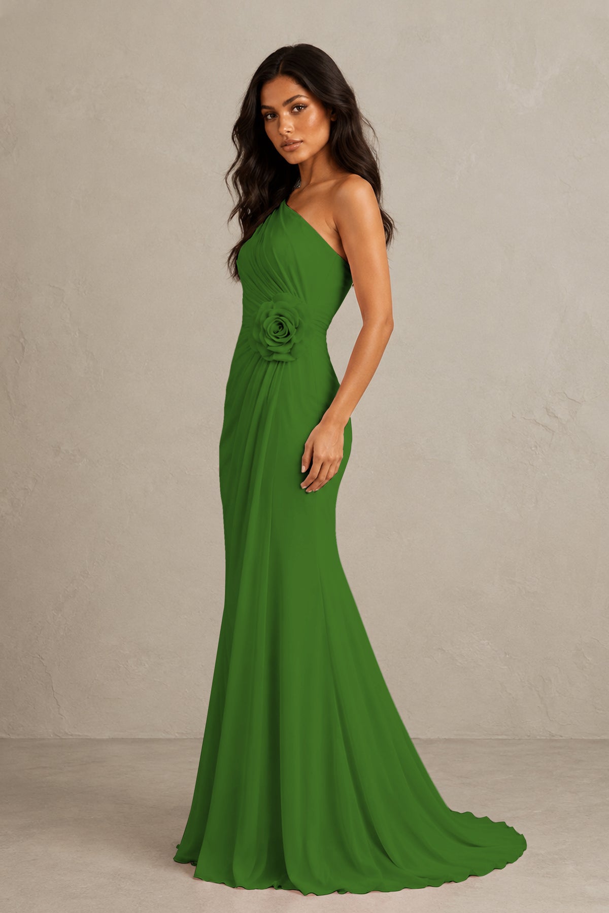 BOLODOO Olive Green One-Shoulder Floral Ruched Maxi Dress - Olive Green