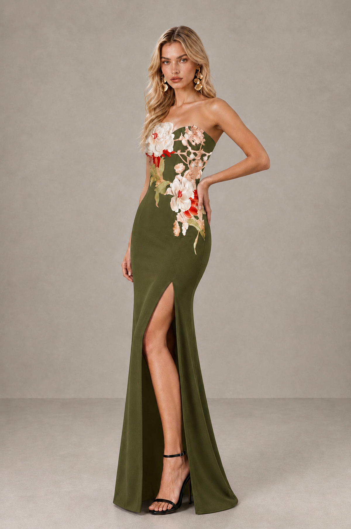 BOLODOO Olive Green Strapless Floral Mermaid Evening Dress with Slit - Olive Green - Olive_Green_4