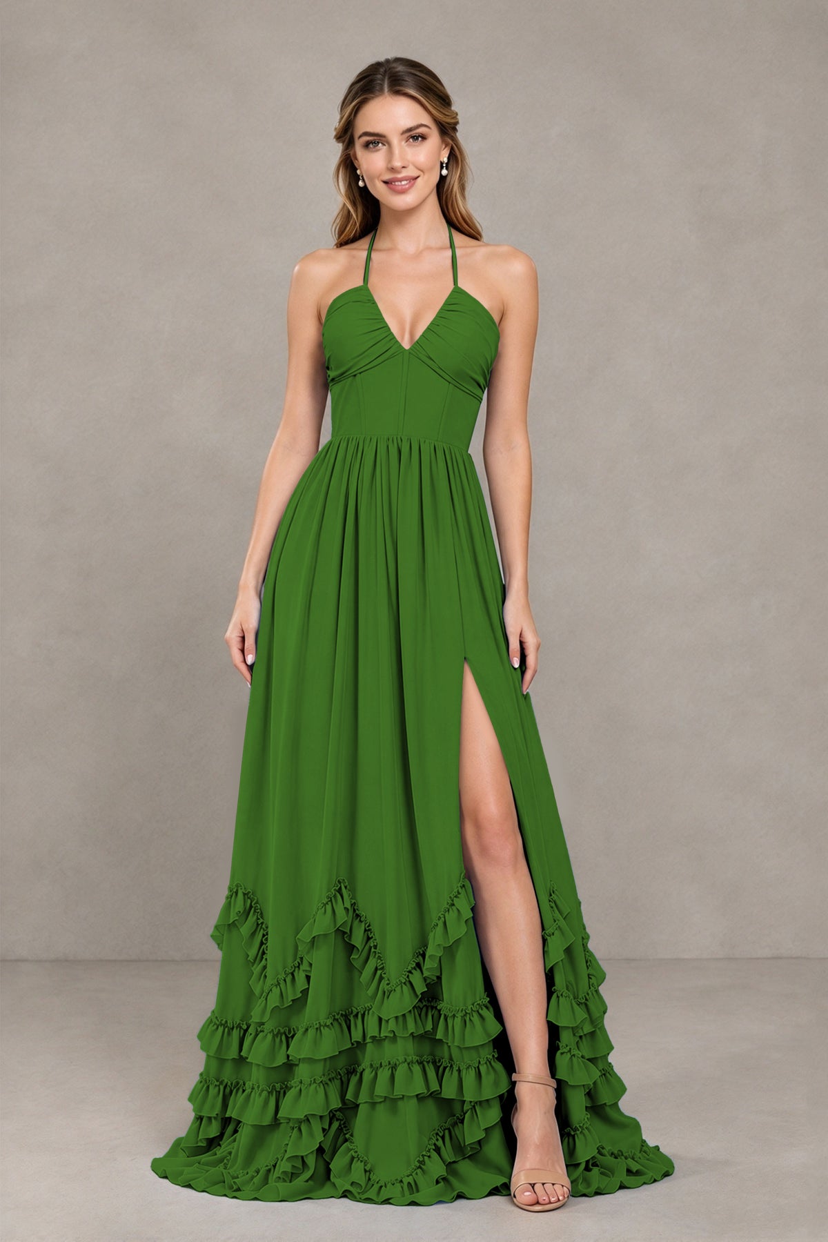 BOLODOO Olive Green Halter Ruffle Hem A-Line Bridesmaid Dress with High Slit - Olive Green - Olive Green(4)
