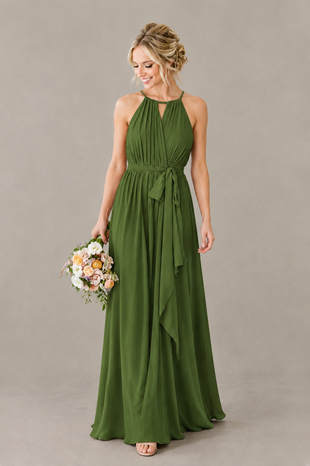 BOLODOO Olive Green Halter Chiffon Bridesmaid Dress with High Slit - Olive Green