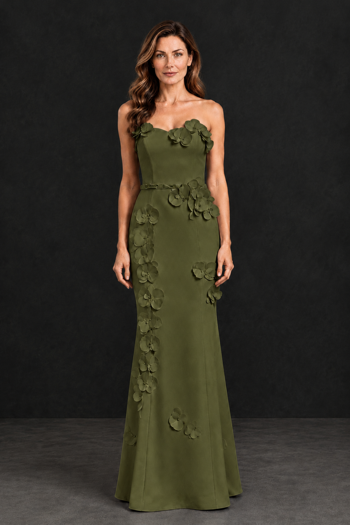 BOLODOO Olive Green Strapless Mother of the Bride Dress with 3D Floral Appliques - Olive Green - Olive_Green_4