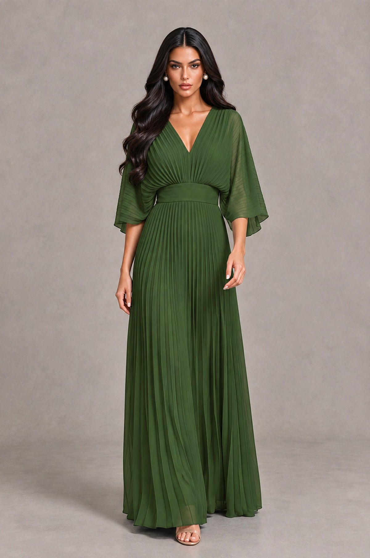 BOLODOO Olive Green V-Neck Pleated Flutter Sleeve Formal Dress - Olive Green - Olive Green_4