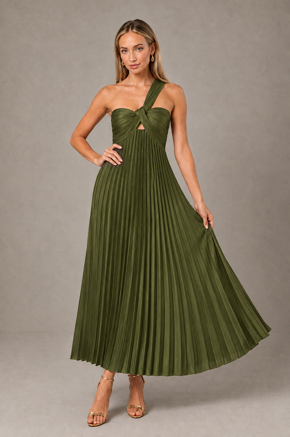 BOLODOO Olive Green One-Shoulder Twist Knot Pleated Satin Midi Dress with Cutout - Olive Green - Olive_Green_4