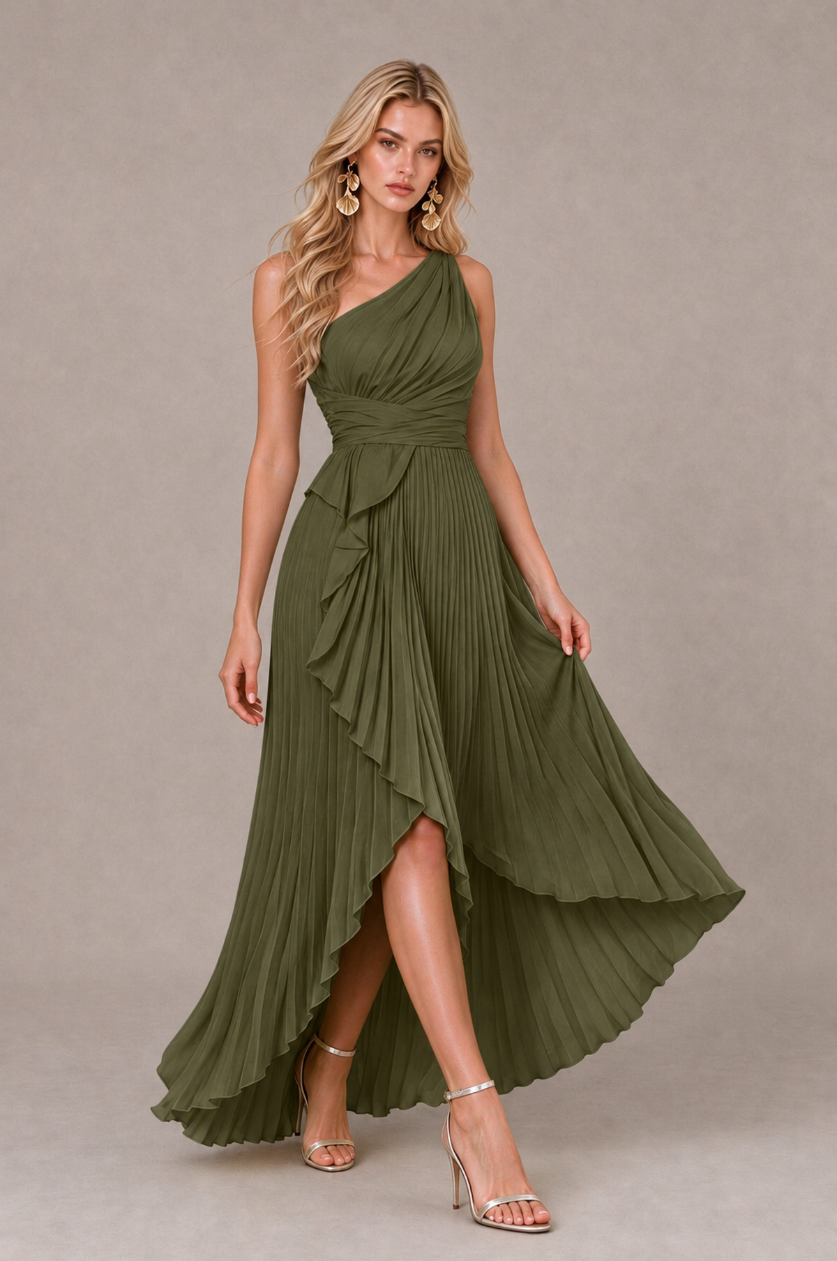 BOLODOO Olive Green One-Shoulder High-Low Ruffle Maxi Dress - Olive Green - Olive_Green_4