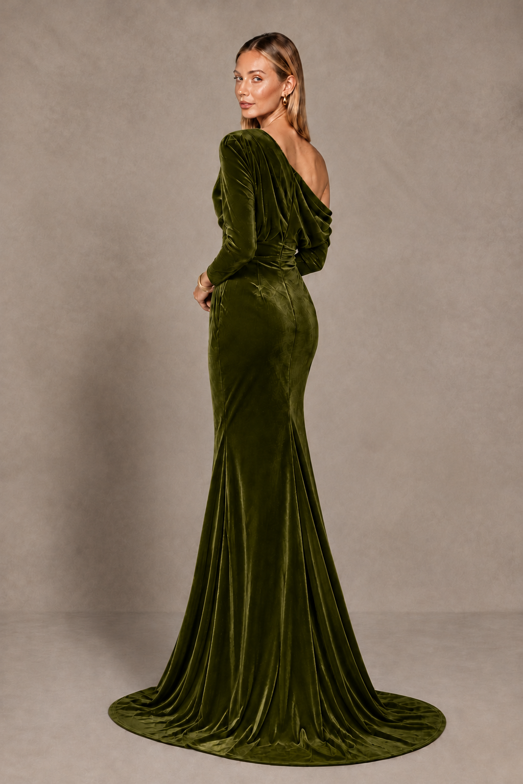 BOLODOO Olive Green Velvet Asymmetric Neck Mermaid Evening Dress - Olive Green - Olive Green_4