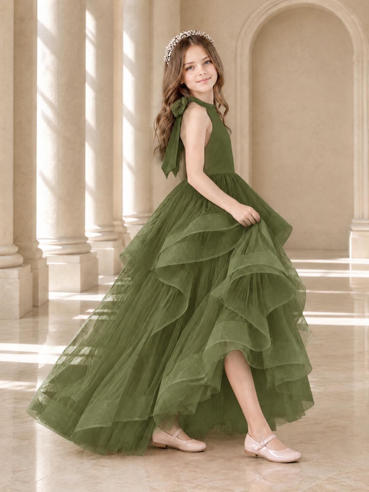 BOLODOO Olive Green Halter Tiered Tulle Flower Girl Dress with Bow Back - Olive Green - Olive Green_4