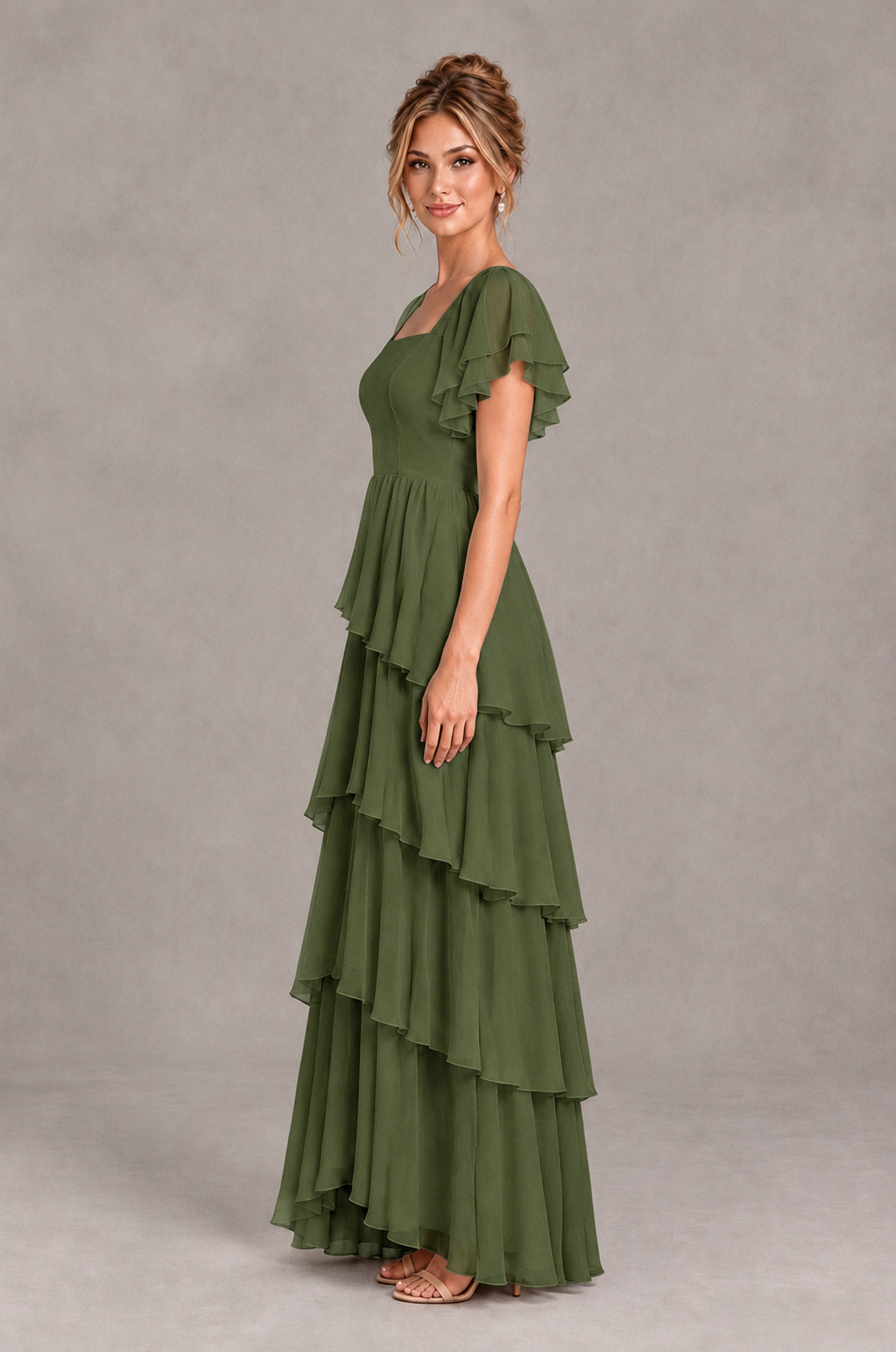 BOLODOO Olive Green Square Neck Flutter Sleeve Tiered Chiffon Bridesmaid Dress with Lace-Up Back - Olive Green - Olive Green_4