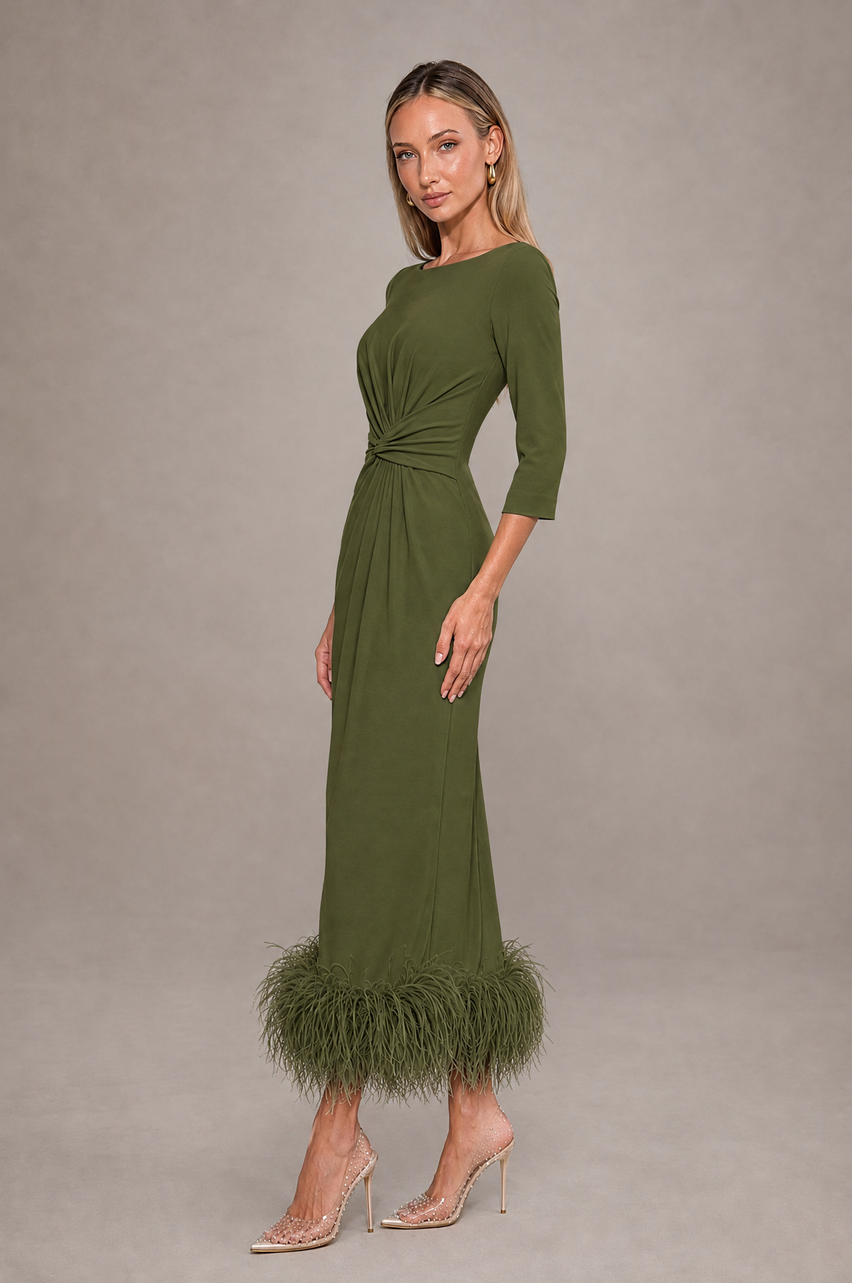 BOLODOO Olive Green Feather-Trim Twist-Waist Midi Dress - Olive Green - Olive_Green_4
