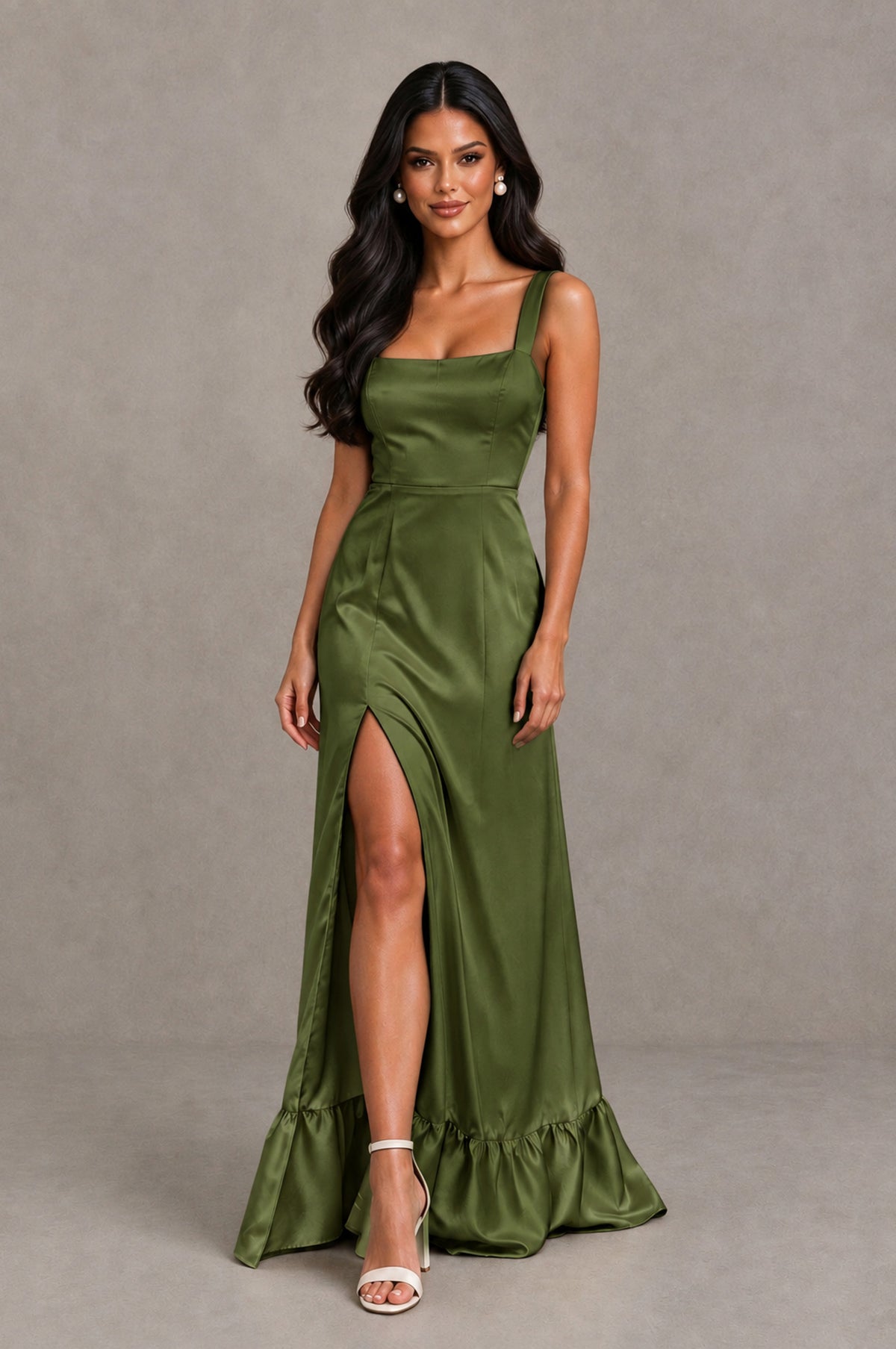 BOLODOO Olive Green Square Neck Satin Evening Dress with Lace-Up Back and High Slit - Olive Green - Olive Green_4