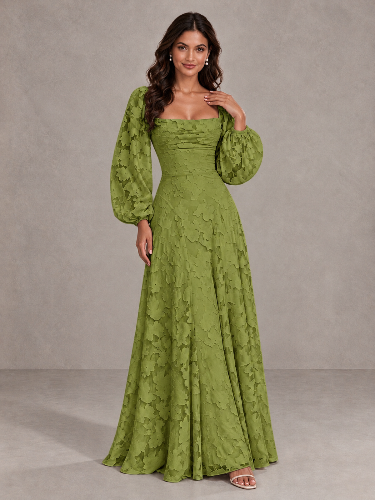BOLODOO Olive Green Floral Long Sleeve A-Line Bridesmaid Dress - Olive Green - Olive Green_4
