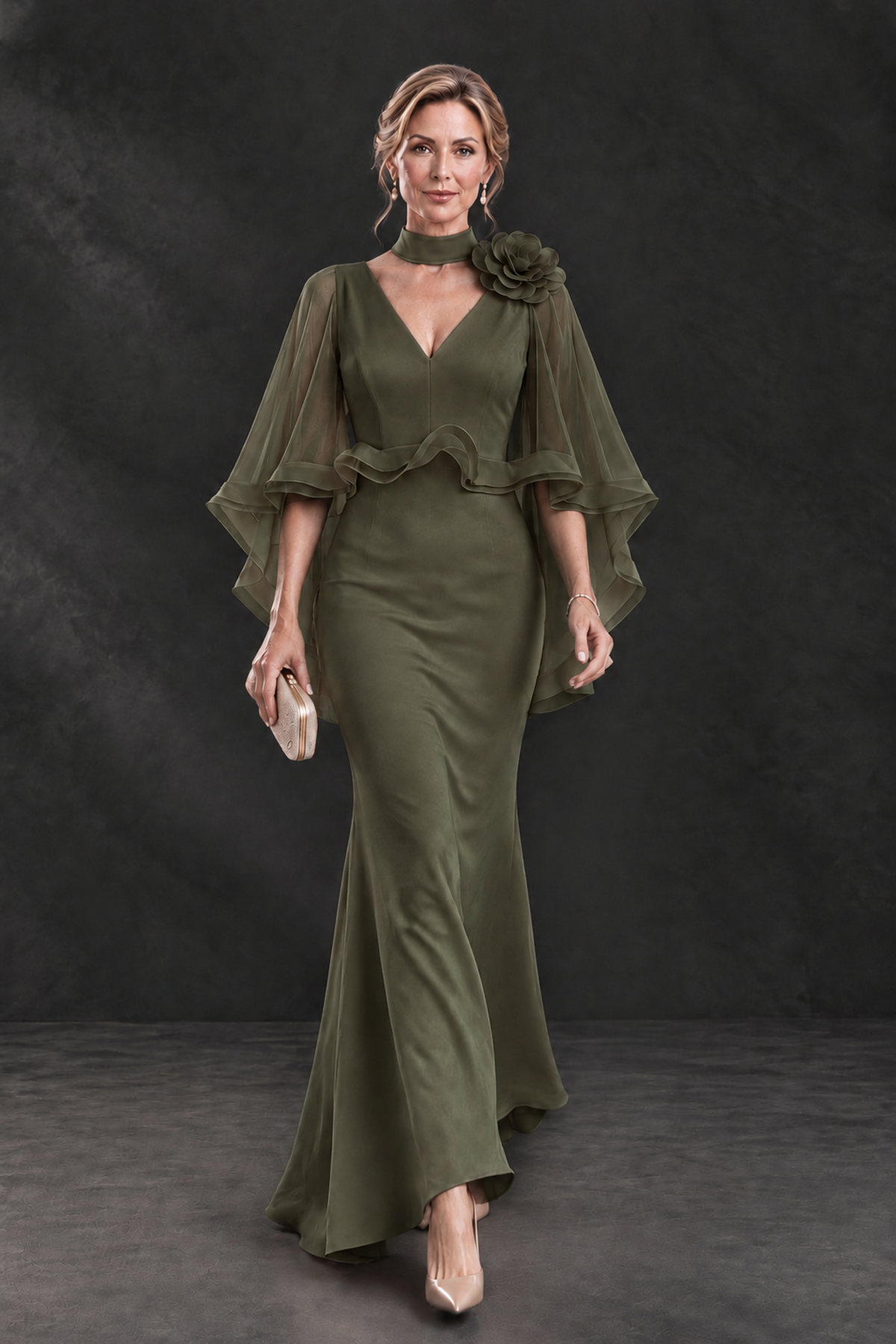 BOLODOO Olive Green Floral Cape Sleeve Mother of the Bride Dress - Olive Green - Olive_Green_4