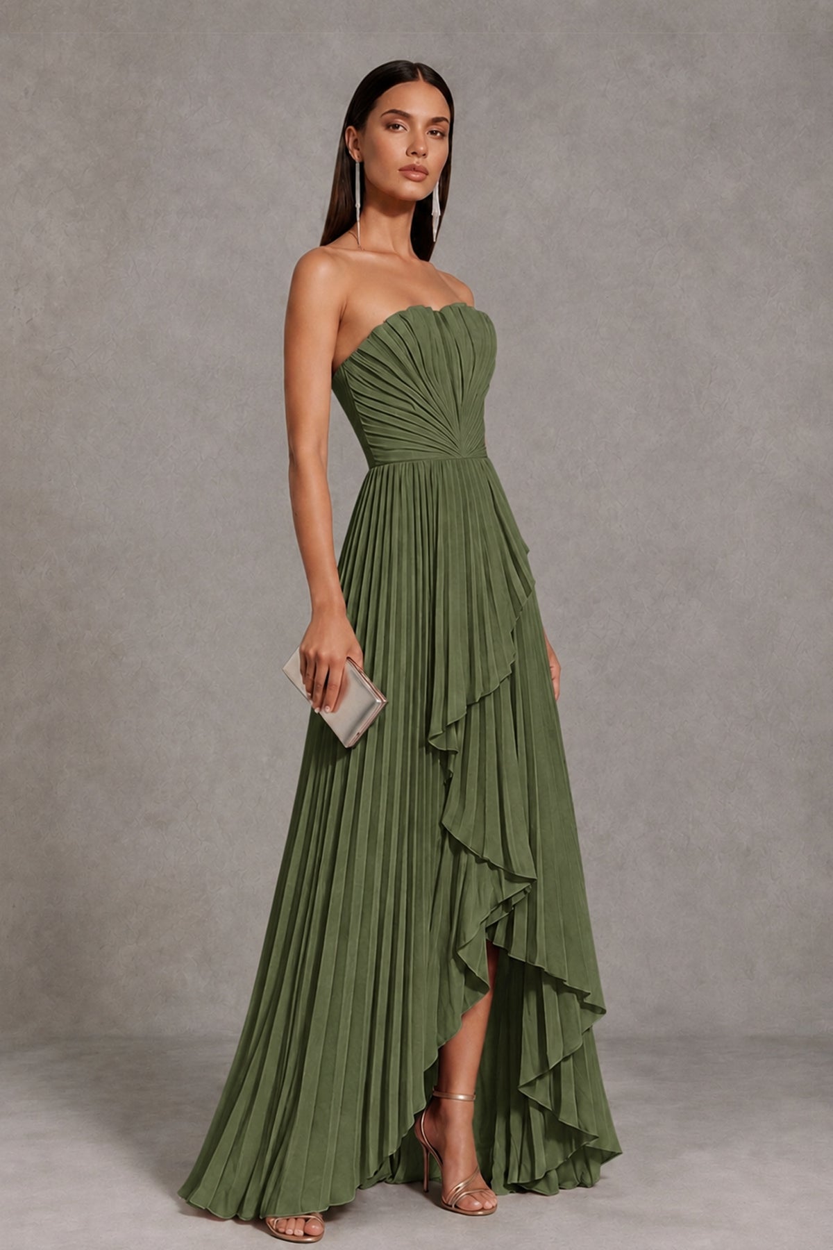 Olive Green Strapless Pleated High-Low Evening Gown with Ruffle Hem - Olive Green