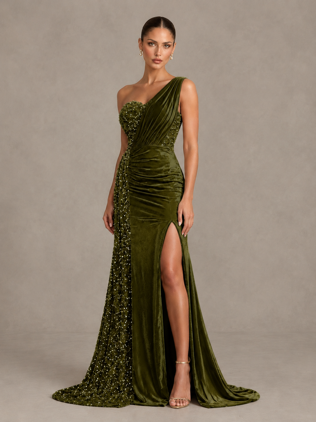 BOLODOO Olive Green One-Shoulder Satin Sequin Gown with High Slit - Olive Green - Olive Green_4