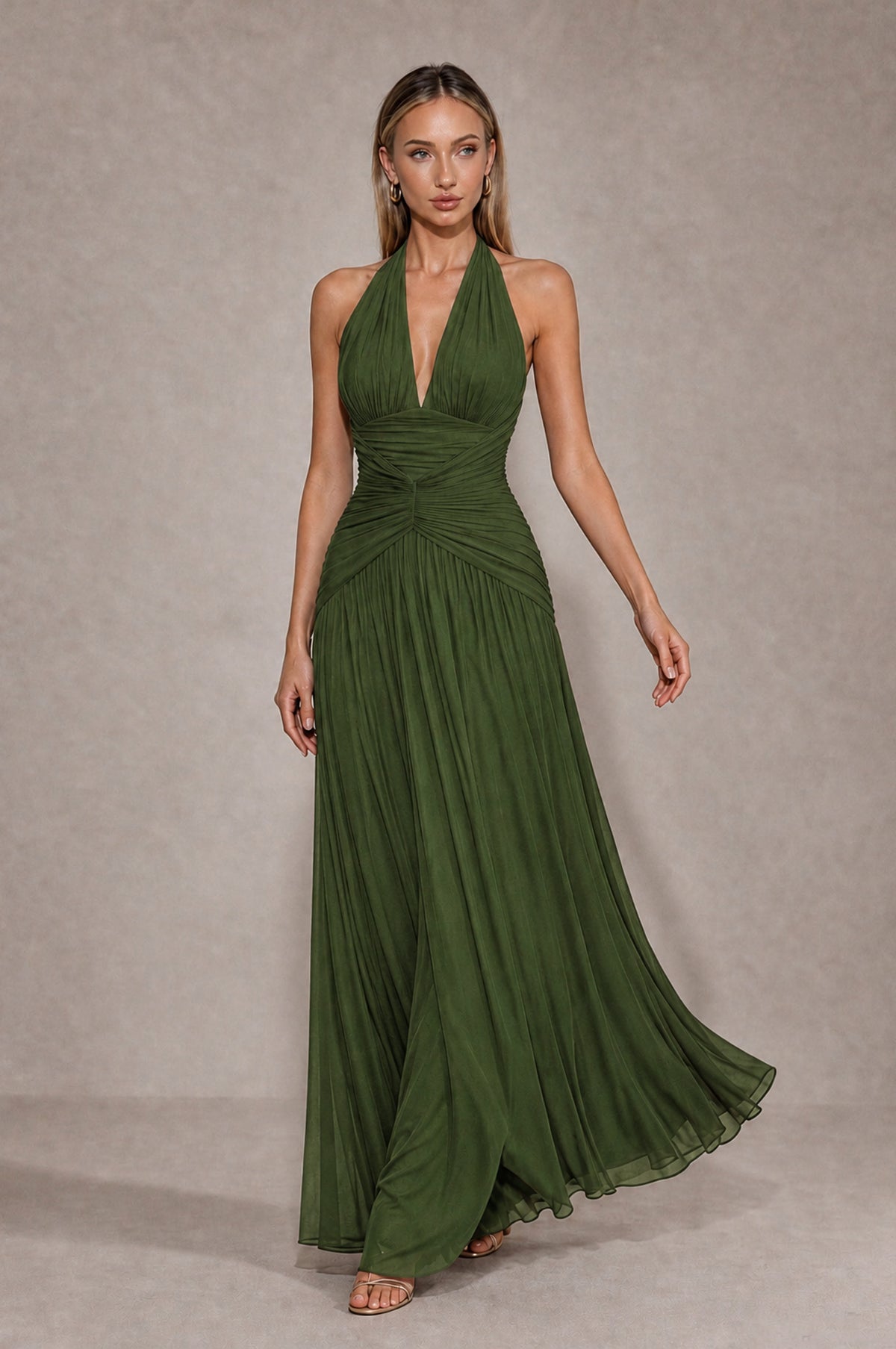 BOLODOO Olive Green Chiffon Halter Deep V-Neck Ruched A-Line Backless Maxi Dress with Train-BD0167 - Olive Green - Olive Green_4