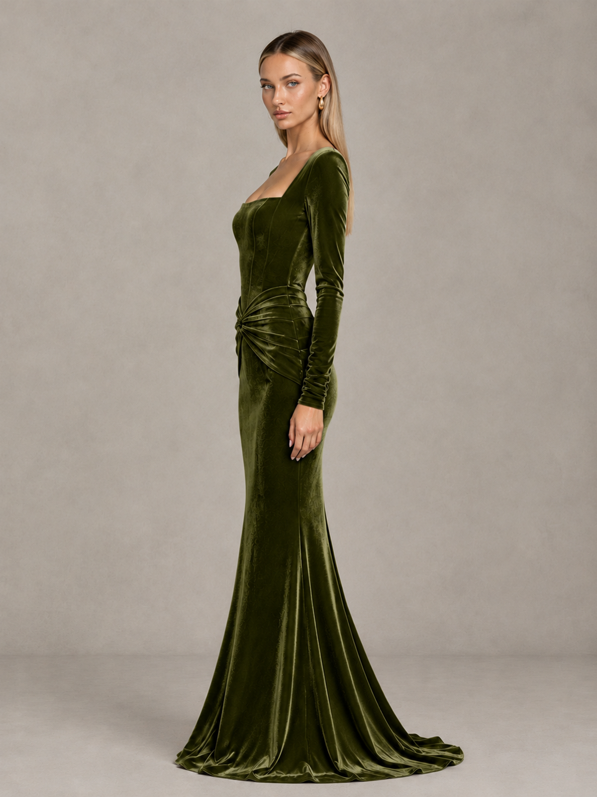 BOLODOO Olive Green Velvet-Look Square Neck Long Sleeve Mermaid Evening Dress - Olive Green - Olive Green_4