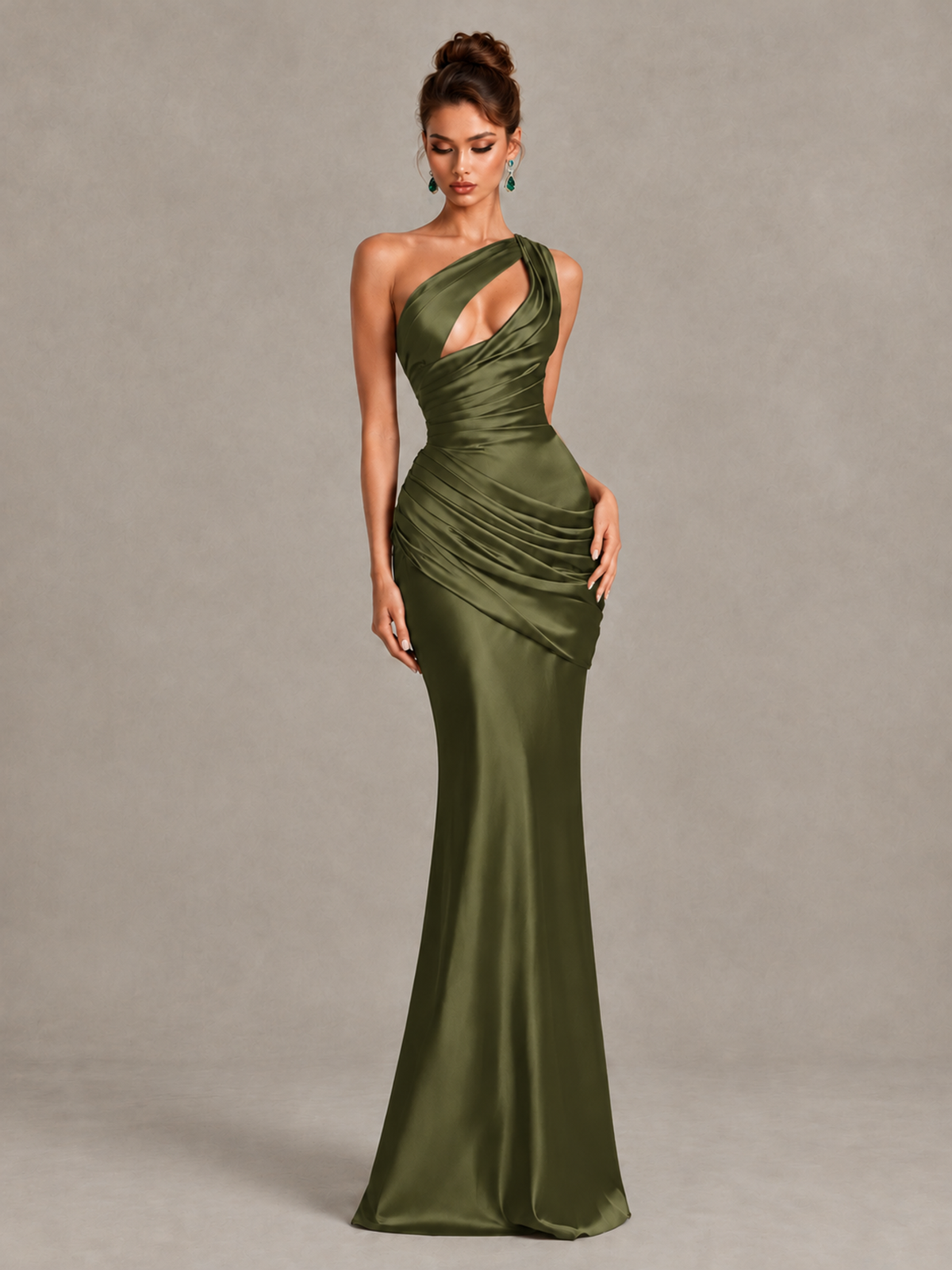 BOLODOO Olive Green One-Shoulder Cutout Satin Mermaid Prom Dress - Olive Green - Olive Green_4