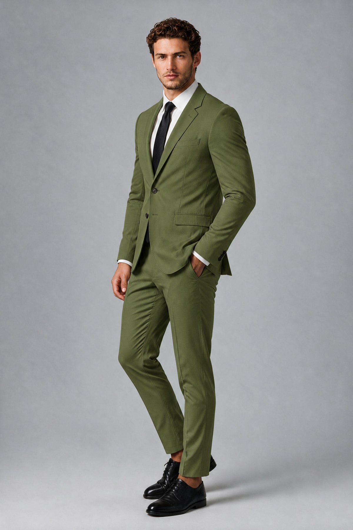 Bolodoo Men's Olive Green Two-Piece Suit with Notch-Lapel Jacket & Trousers - Olive Green - Olive_Green_4