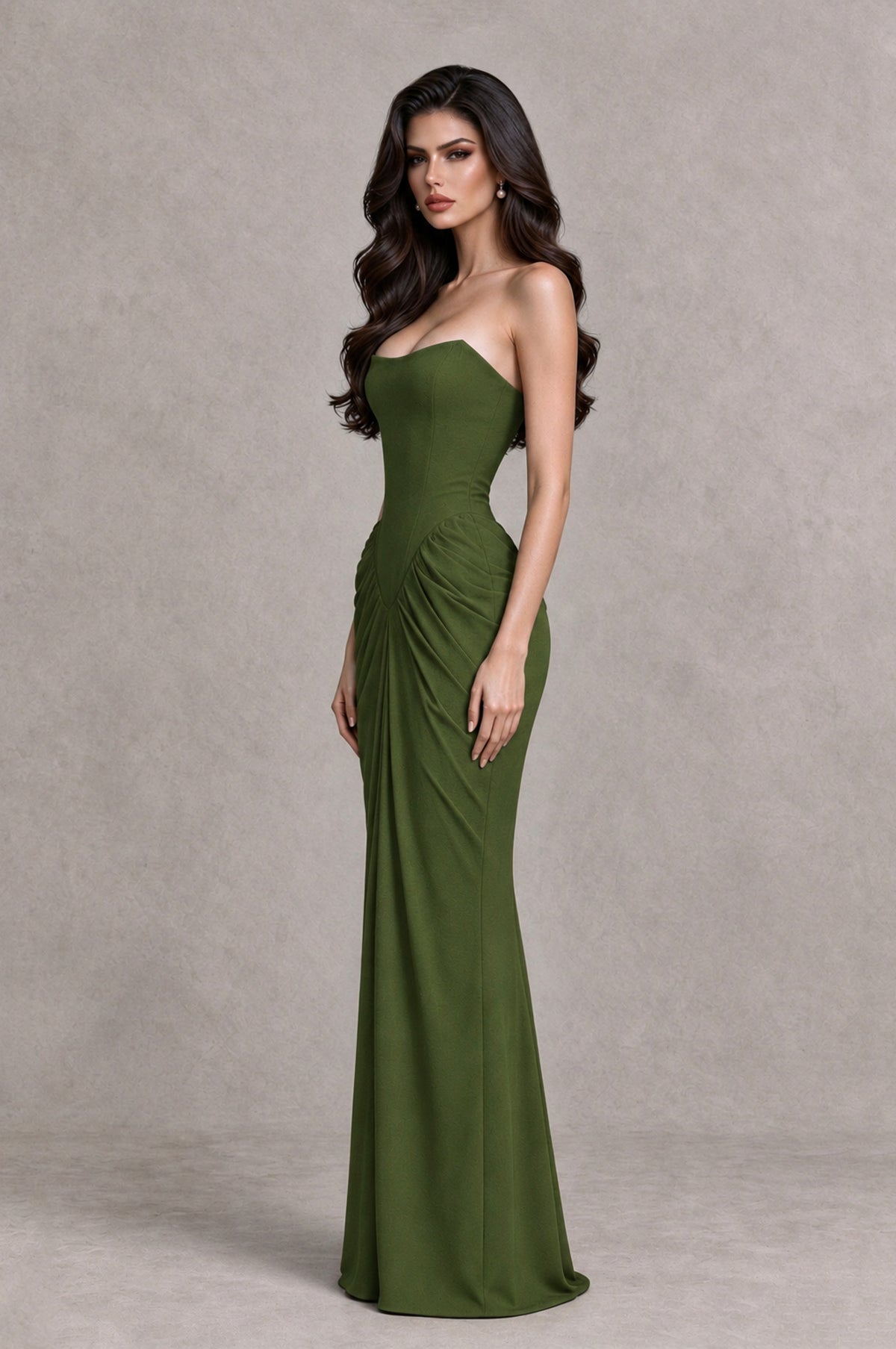 BOLODOO Olive Green Strapless Ruched Corset Evening Gown - Olive Green - Olive Green_4