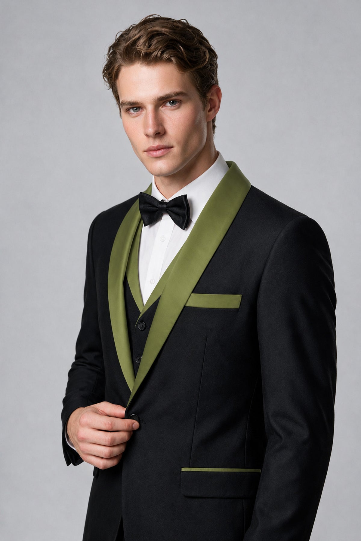 Bolodoo Men's Olive Green 3-Piece Shawl Lapel Tuxedo Suit - Olive Green - Olive Green_4