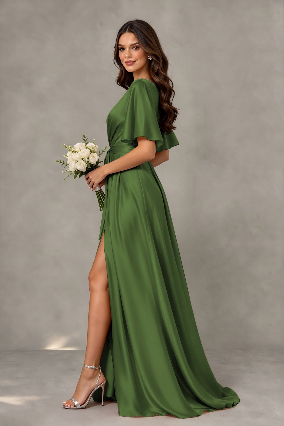 BOLODOO Olive Green Satin V-Neck Flutter Sleeve Bridesmaid Dress with Slit - Olive Green - Olive Green(4)